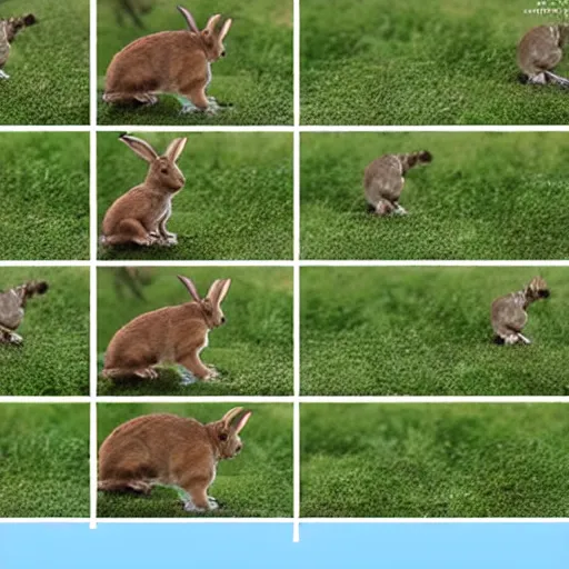 Image similar to a rabbit jumping up over a fence, shown as a film strip showing sequential stills starting from time 0 : 0 0 from the video clip in a grid