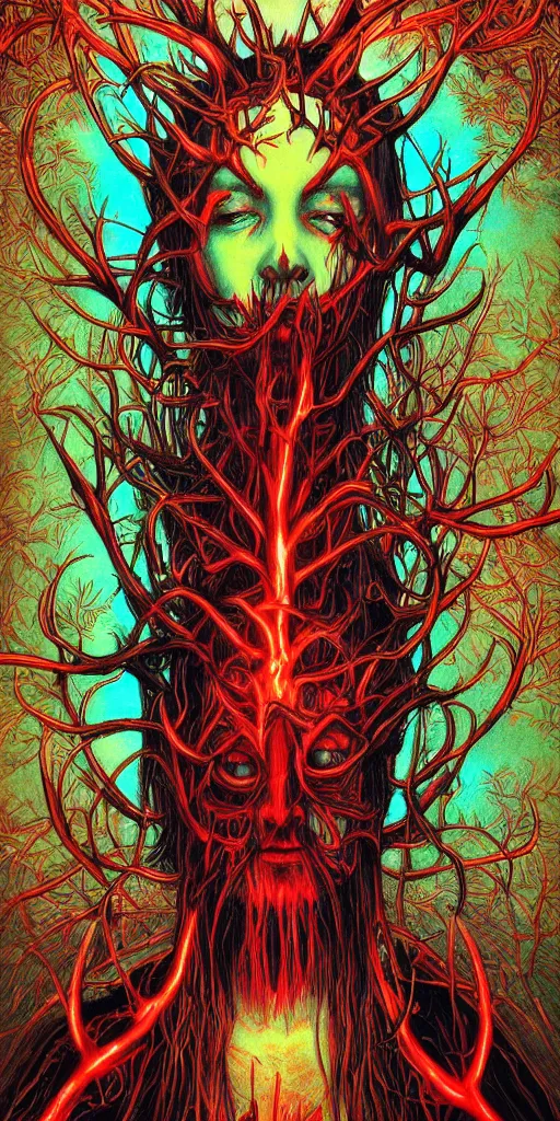 Prompt: intense glowing black metal pagan god with antlers and veins and intense glowing eyes in very dark forest by shintaro kago and beksinski and alphonse mucha, portrait, fantasy, clear, red and teal and yellow, light beams, lens flare, intense, uhd, amazing depth, cinematic lighting