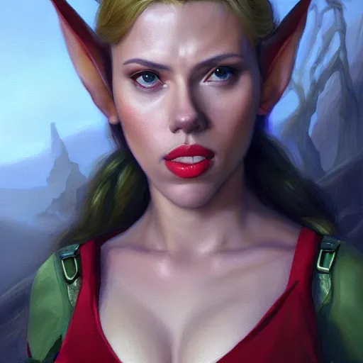 Image similar to a movie still frame, of scarlett johansson as a female elf, oil on linen, beautiful painting, by tooth wu, artgerm, fantasy concept art portrait, by bayard wu, trending on artstation,