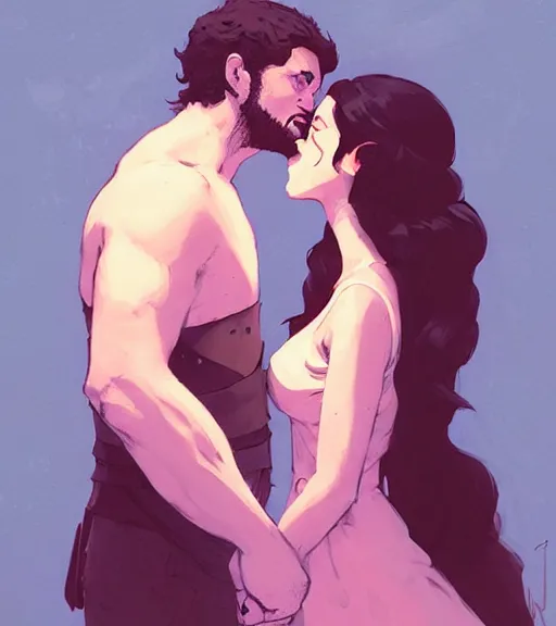 Image similar to portrait of jon kissing dany by atey ghailan, by greg rutkowski, by greg tocchini, by james gilleard, by joe fenton, by kaethe butcher, dynamic lighting, gradient light pink, brown, blonde cream and white color scheme, grunge aesthetic