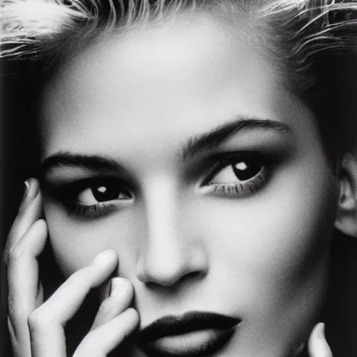 Prompt: photo of a 9 0 s female supermodel, beautiful. attractive. looking at the camera in a flirtatious way. pay attention to facial details. close up profile!! beautiful professional photograph by herb ritts and ellen von unwerth, zeiss 5 0 mm f 1. 8 lens,