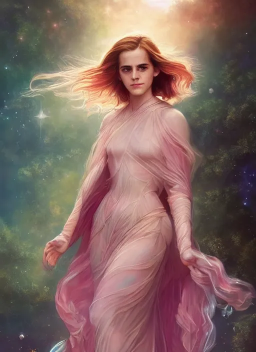 Image similar to emma watson as nature magic celestial, long hair, pink and transparent cloth, space, D&D, shiny background, intricate, elegant, highly detailed, digital painting, artstation, concept art, smooth, sharp focus, illustration, artgerm, bouguereau