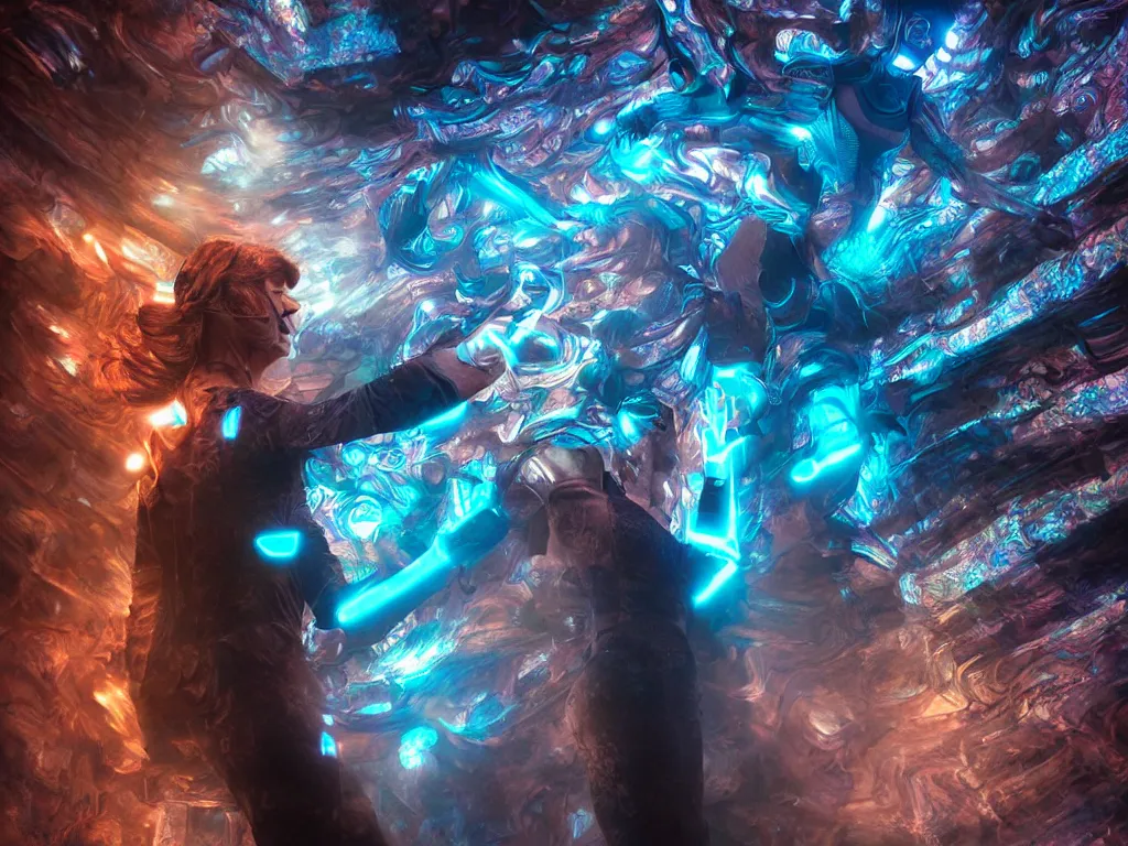 Image similar to cinematic shot epic fractal halls of creativity, walls of large moving images, hyper realistic, mood lighting, fantasy, detailed people creating beautiful diverse large holographic art, highly detailed, super realistic, point of view of visor wearer, air hands painting art in the air!, perfect lighting pixel sorting