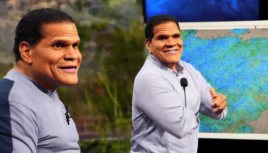 Prompt: reggie fils - amie in front of a weather map