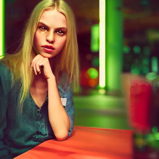 Image similar to high quality portrait photo of a caucasian female model with detailed face. she has long blonde hair and sit at a table in neon cyberpunk restaurant. kodak portra 8 0 0