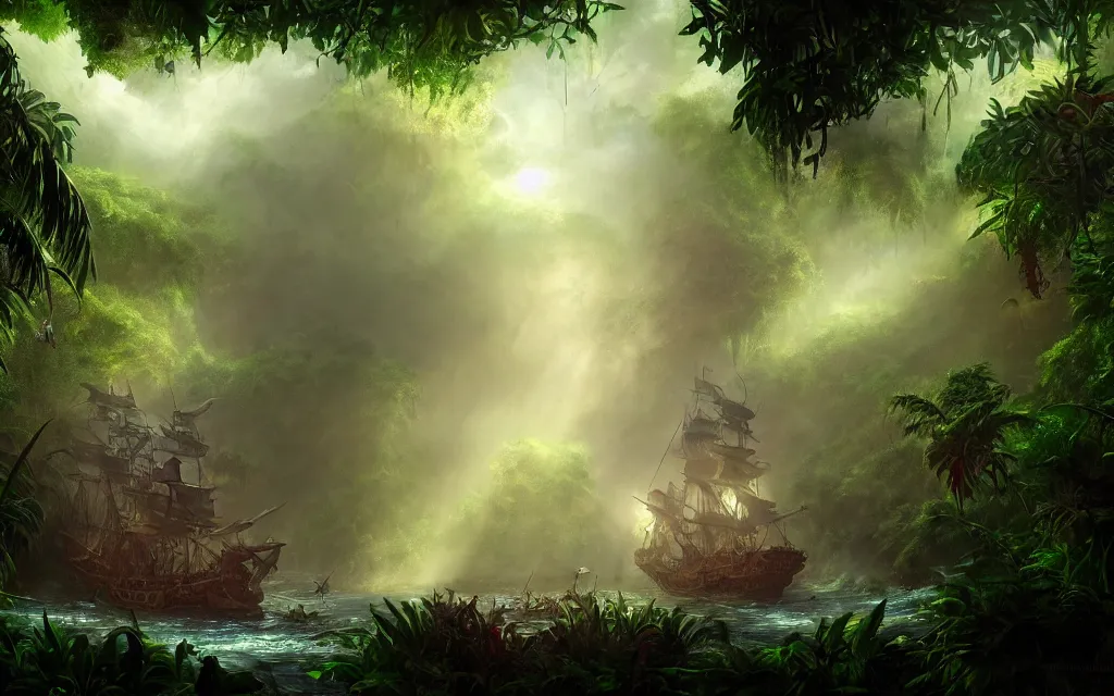 Image similar to a large pirate ship in a dense jungle, misty background, light rays, beautiful lighting, vivid colors, intricate, elegant, highly detailed digital painting, concept art, smooth, sharp focus, unreal engine, 4 k wallpaper, trending on cgsociety, trending on artstation