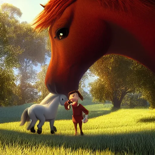 Prompt: the horse and his boy, narnia, pixar, disney, volumetric, crisp