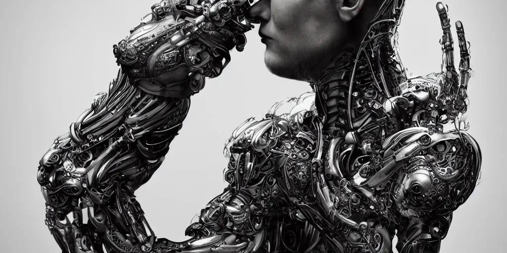 Prompt: hyper realistic photography of a stunningly beautiful cyborg male, elbow, plated arm, intimate, holding close, in the style of beth cavener, jin kagetsu,, and wlop, highly detailed, intricate filigree, symmetry, masterpiece, award winning, sharp focus, concept art, highkey lighting, ambient lighting, octane render, 8 k, artstation