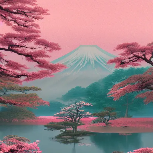 Prompt: beautiful japan landscape painting, teal and pink, matte painting, depth of field, by tuomas korpi, trending on artstation