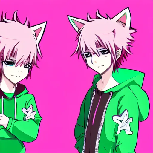 Image similar to cute young anime man with pink hair and pink wolf ears wearing a collar and a green hoodie, artstation