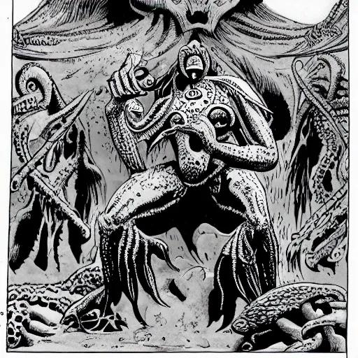 Prompt: Fish men worship a statue of Cthulu in a dark cave. D&D. Pen and ink. Black and white. Mike Mignola, Larry Elmore, Peter Mullen.