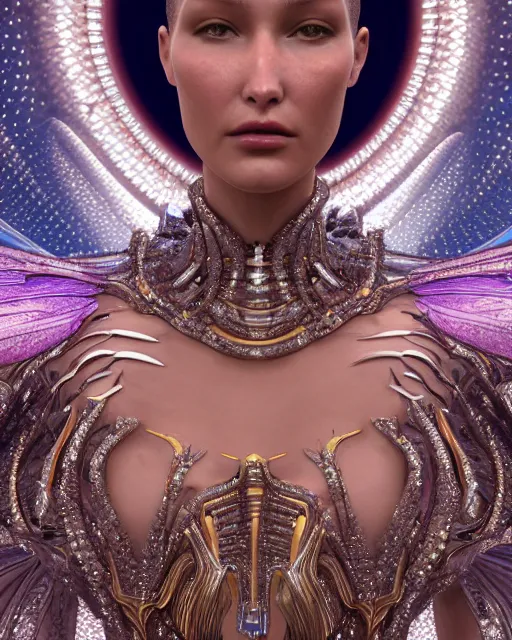 Image similar to a highly detailed metahuman 4 k close up render of an alien goddess bella hadid as goddess of love in iris van herpen dress schiaparelli in diamonds crystals swarovski and jewelry in style of alphonse mucha gustav klimt trending on artstation made in unreal engine 4