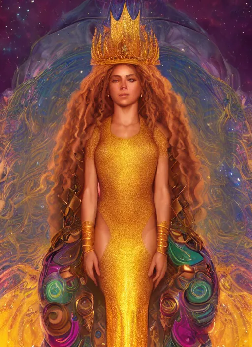 Image similar to cosmic portrait of shakira as queen of the universe, hyper detailed, digital art, cinematic lighting, studio quality, smooth render, unreal engine 5, octane rendered, art style by klimt and nixeu and ian sprigger and wlop and krenz cushart.