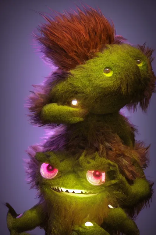 Image similar to 3 d model of a furry evil muppet monster with glowing eyes by jim henson and alexander jansson : 1 | centered, spectral color, electric color, rolling hills : 0. 9 | fantasy : 0. 9 | by dave melvin : 0. 4 | unreal engine, deviantart, artstation, octane, finalrender, concept art, hd, 8 k resolution : 0. 8