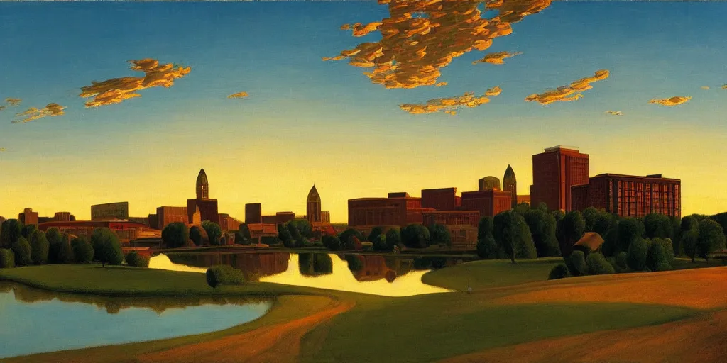 Image similar to a beautiful painting of Columbus Ohio by Rockwell Kent, golden hour, 8k, 4k