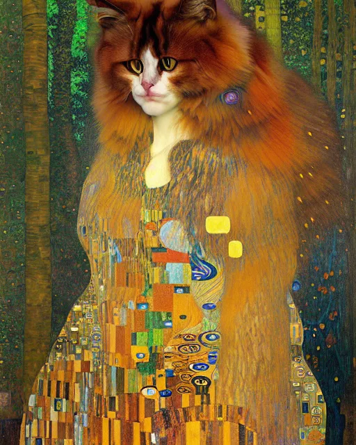 Image similar to forest cat portrait an oil painting splashes with many colors and shapes by gustav klimt greg rutkowski and alphonse mucha, polycount, generative art, psychedelic, fractalism, glitch art