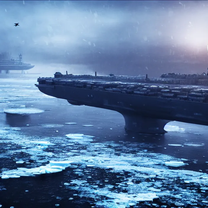 Prompt: a little bird's flight over an enormous gigantic steel ship - shaped fortress - city sailing across an icy cold ocean. masterpiece, cinematic, hyperdetailed, photorealistic, hyperrealism, octane rendering, 8 k, depth of field, bokeh, architecture, shadows