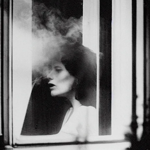 Image similar to black and white photo of a woman smoking a cigarette by the window