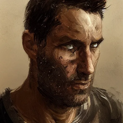 Prompt: Portrait of a man by Greg Rutkowski, he is about 40 years old, southern slav features, messy brown short hair, strong and tall, tired expression, he is wearing a black tank top, highly detailed portrait, scifi, digital painting, artstation, concept art, smooth, sharp foccus ilustration, Artstation HQ.