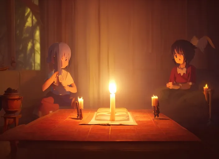 Prompt: a night ritual, being lit by candles, medium shot, studio ghibli, pixar and disney animation, sharp, rendered in unreal engine 5, anime key art by greg rutkowski, bloom, dramatic lighting