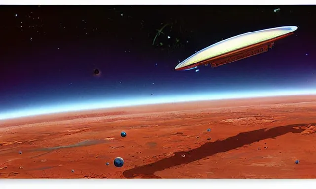 Image similar to digital painting of a spaceship in the orbit of mars by john berkey