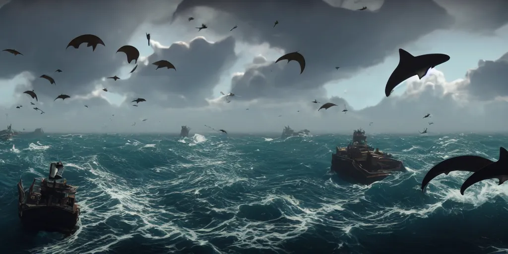 Prompt: a group of stingray, rays and sharks flying in the sky in a rough sea, sea of thieves style, unreal engine, cinematic, waves, fog, clouds, rain