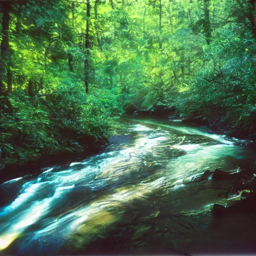 Image similar to cahaba river alabama, raccoon in foreground, kodak ektachrome e 1 0 0,