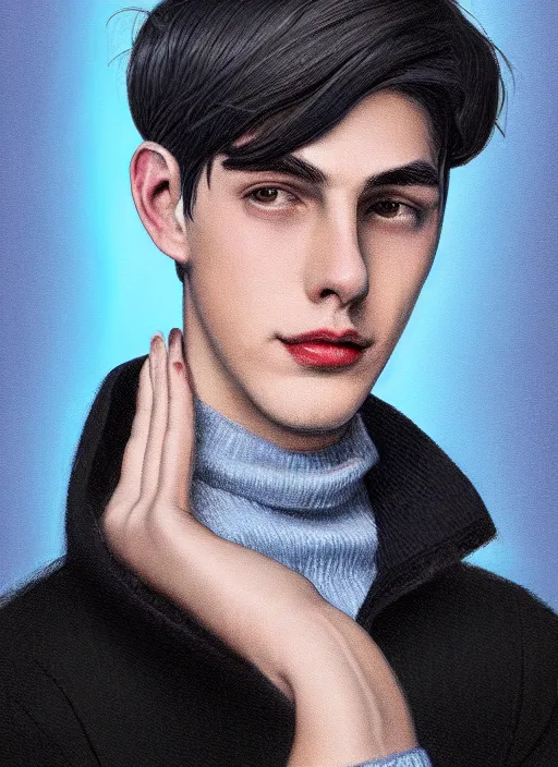 Image similar to portrait of teenage jughead jones wearing a light grey crown, crown, blue turtleneck, 1 9 5 0 s, closed eyes, photorealistic, black hair, glowing lighting, intricate, elegant, glowing lights, highly detailed, digital painting, artstation, concept art, smooth, sharp focus, illustration, art by wlop, mars ravelo and greg rutkowski