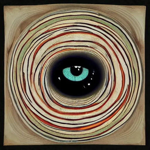 Image similar to A beautiful sculpture a large eye that is looking directly at the viewer. The eye is composed of a myriad of colors and patterns, and it is surrounded by smaller eyes. The smaller eyes appear to be in a state of hypnosis, and they are looking in different directions. Cinnabon by Gertrude Abercrombie random