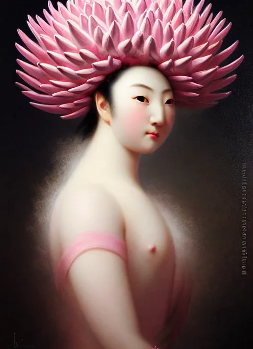 Image similar to stunning japanese godess, detailed pink and white protea head peace against a black backdrop by ivan aivazovsky, wlop, sharp details, photorealism, oil painting, beautiful soft lighting, muted colours, artstation