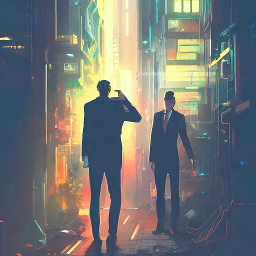 Image similar to two cyberpunk businessmen, detailed digital illustration by greg rutkowski, cyberpunk back alley, nighttime, colorful lighting, android netrunner