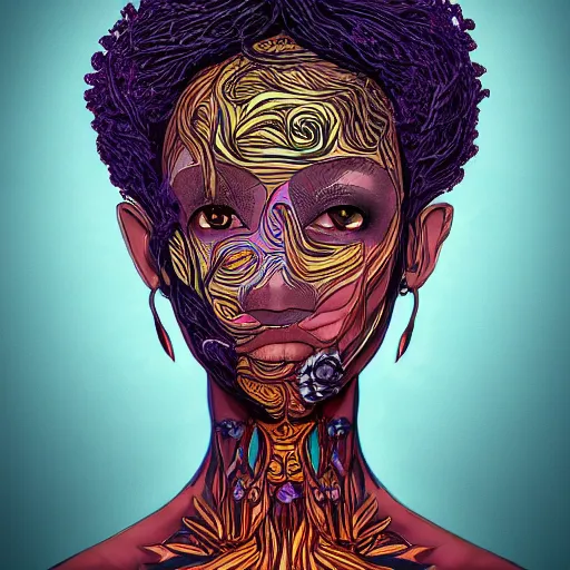 Image similar to the head of an unbelievably elegant and beautiful black woman partially made of potatoes roots and violets, an ultrafine detailed illustration by james jean, final fantasy, intricate linework, bright colors, behance contest winner, vanitas, angular, altermodern, unreal engine 5 highly rendered, global illumination, radiant light, detailed and intricate environment