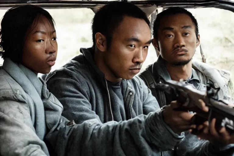 Prompt: movie diverse interracial team of Japanese robbers armed with rifles interior van, beautiful skin, Symmetrical faces. natural lighting by Emmanuel Lubezki