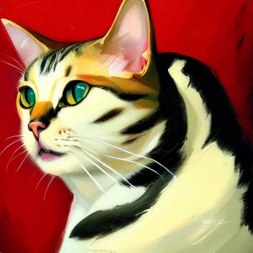 Prompt: playful cat, plain background, ( in the style of jc leyendecker ), phil hale, angular, brush strokes, painterly, crisp, portrait of a cat, cat portrait painting