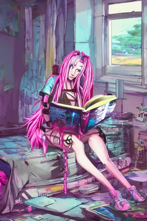 Image similar to concept art painting of an anime cybergoth girl with pink dreads on the floor reading a book in a cluttered 9 0 s bedroom, toon shading, cel shading, trending on artstation, fantasy concept art, stunning visuals, creative, cinematic, vaporwave colors, rendered by substance designer, lifelike,