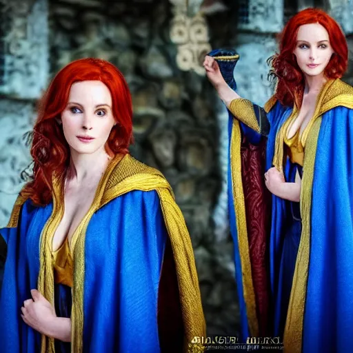 Image similar to Triss Merigold cosplay, beautiful ornate blue and gold robe, golden ornamental leaf shaped festoon, warmly lit posh study, cinematic dramatic lighting, gorgeous young female supermodel, highly detailed