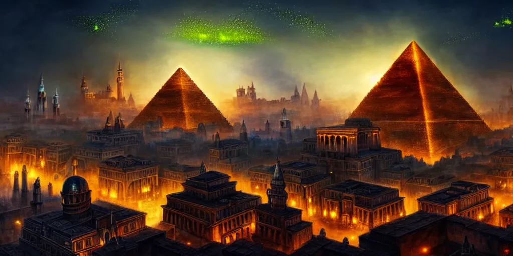 Image similar to magical city of the Great Tartarian Empire adorned with amazing lost technology, lighting resembling fireflies, spires from rooftops collecting and distributing etheric energy, the centerpiece of the city is a colossal ancient pyramid made of metal, cityscape, combining intense detail & utmost quality, Christian Hecker, Artstation, - H 832