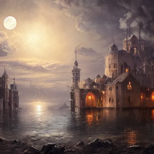 Image similar to medieval city floating above a sea in the moonlight with some puffs of clouds with a dark and gloomy theme, ultra fine detail, concept art, matte painting