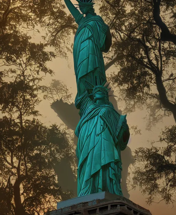 Image similar to highly detailed digital matte painting of a Lady Liberty statue with overgrowth Full shot. By Raphael LaCoste and Ruan Jia and Robert McCall, postcyberpunk, geodesic dome, hyperdetailed, sunrise, wide shot, autochrome, octane render