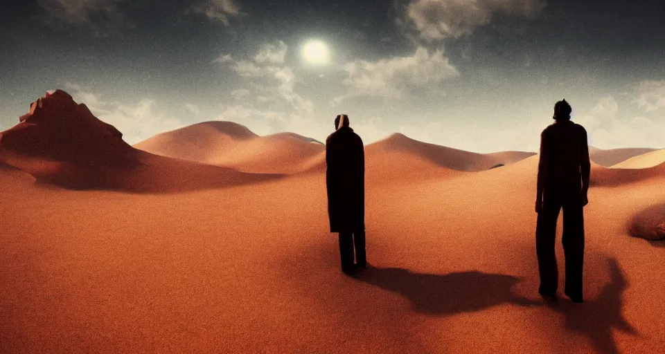 Image similar to a man in the desert staring at the sky, cinematic composition, dark color scheme, artstation