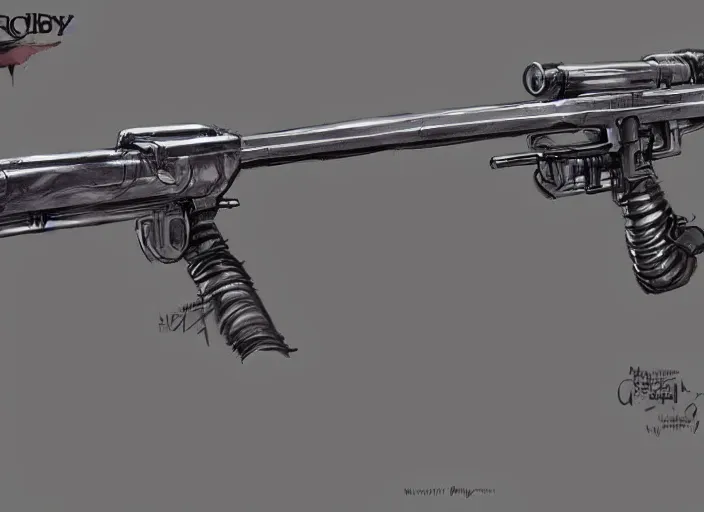 Image similar to concept art of a rifle futuristic weapon, fantasy, steampunk, pinterest, artstation trending, behance, watercolor, by coby whitmore, silver, laser light,