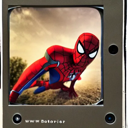 Image similar to a single iron man and spider - man hybrid, dslr, polaroid