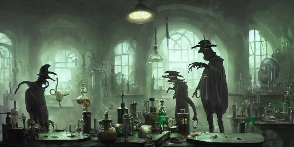 Image similar to a plague doctor and a humanoid rat in a laboratory with lots of flasks filled with magic liquids and green fog, stephen bliss, unreal engine, fantasy art by greg rutkowski, loish, rhads, ferdinand knab, ilya kuvshinov, rossdraws, tom bagshaw, global illumination, radiant soft light, detailed and intricate environment