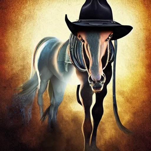 Image similar to cyborg horse with cowboy hat and fiery mane, post-apocalyptic background, portrait