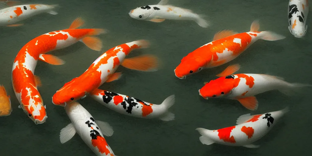 Image similar to koi fish in a pond, dim volumetric lighting, 8 k octane beautifully detailed render, post - processing, extremely hyper - detailed, intricate, epic composition, cinematic lighting, masterpiece, trending on artstation, detailed detailed detailed, stunning art by anders zorn, wonderful masterpiece by greg rutkowski, beautiful cinematic light