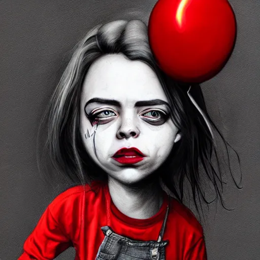 Image similar to surrealism grunge cartoon portrait sketch of billie eilish with a wide smile and a red balloon by - michael karcz, loony toons style, chucky style, horror theme, detailed, elegant, intricate