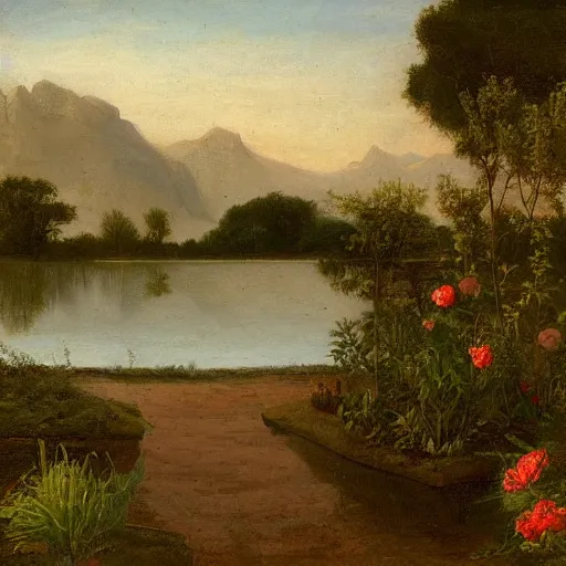 Prompt: painting of a garden in the middle of a lake, tomas sanchez