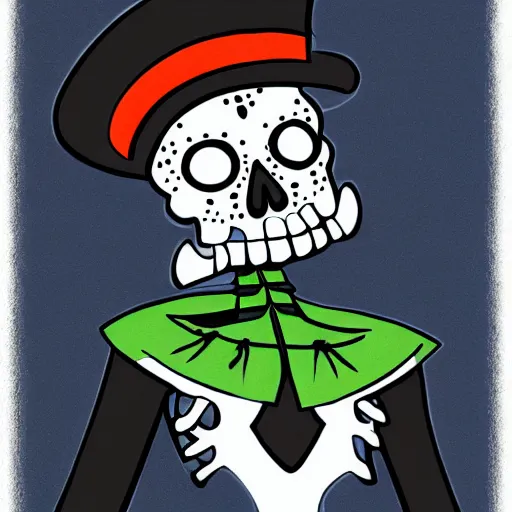 Prompt: cartoon skeleton in a tophat, colorful, pastel, sticker, cartoon, digital art, clean lines,