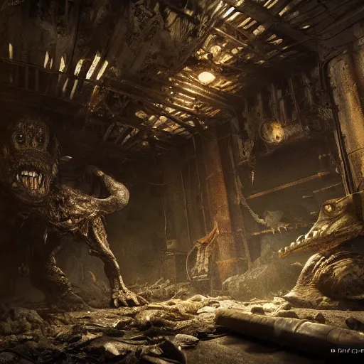 Image similar to a man horrified in a dark dingy basement filled with monsters of unknown power, volumetric lighting, 8 k octane beautifully detailed render, post - processing, extremely hyper - detailed, intricate, epic composition, cinematic lighting, masterpiece, trending on artstation, detailed detailed detailed, masterpiece, beautiful cinematic light,