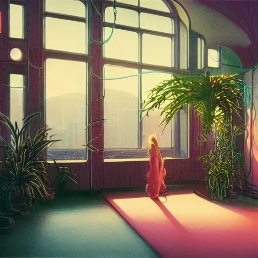 Prompt: 80s interior with arched windows, neon lighting, sunlight, summer, hanging plants, cinematic, cyberpunk, lofi, calming, dramatic, fantasy, by Moebius, by zdzisław beksiński, Fantasy LUT, epic composition, sci-fi, dreamlike, surreal, angels, cinematic, 8k, unreal engine, fantasy concept art,